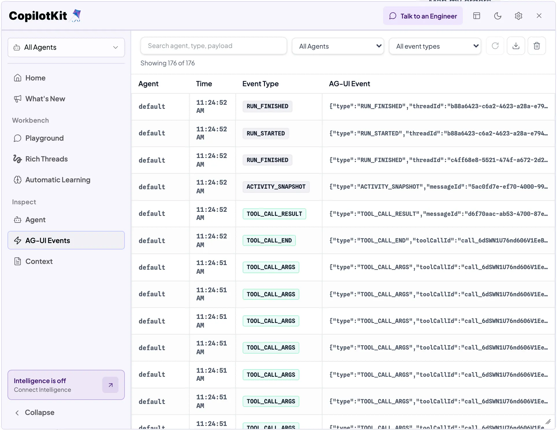 The CopilotKit Inspector's AG-UI Events pane listing the run's events: TOOL_CALL_ARGS, TOOL_CALL_END, TOOL_CALL_RESULT, ACTIVITY_SNAPSHOT, and RUN_FINISHED.
