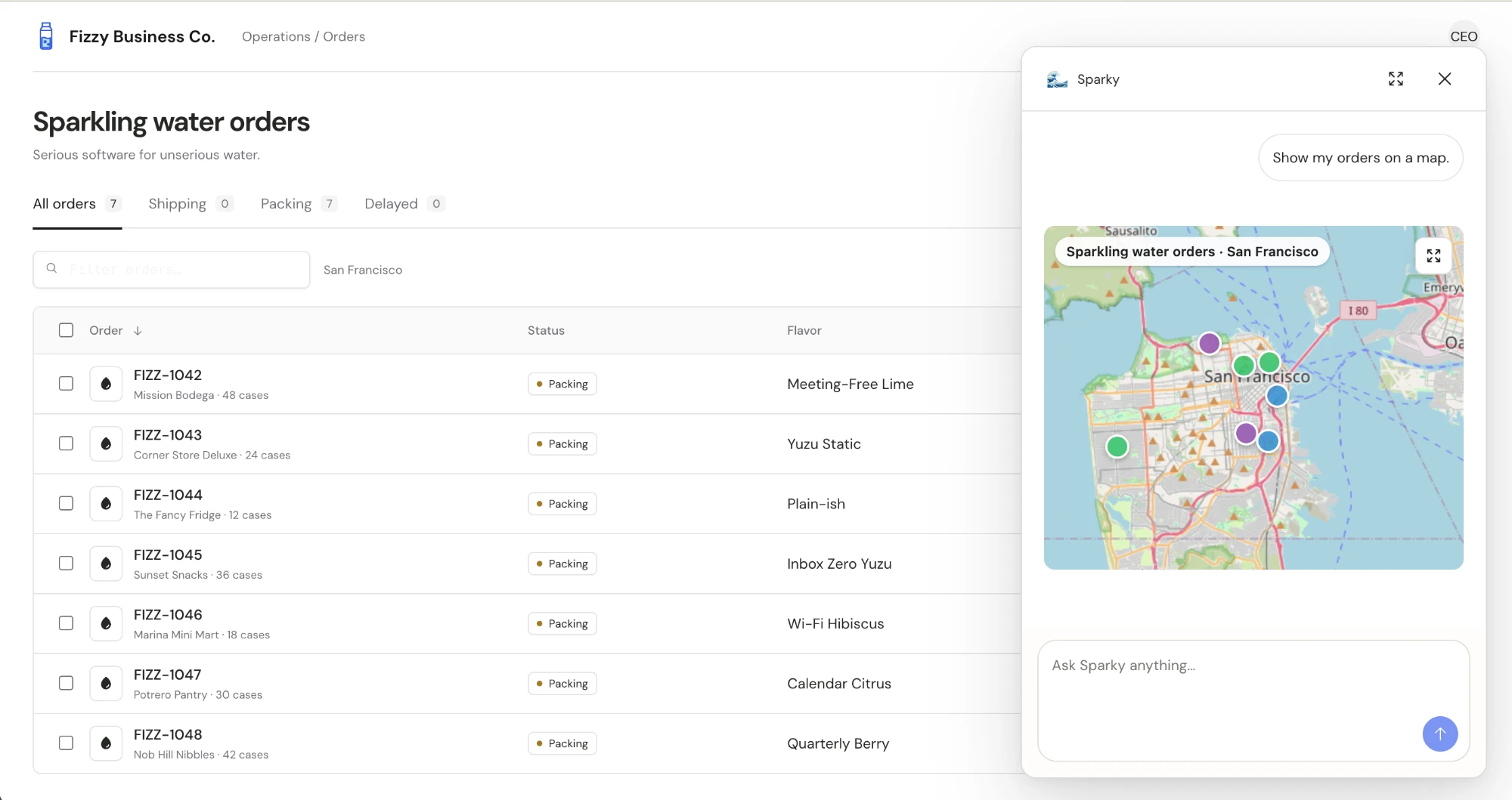 The fuller Fizzy Business demo: an order dashboard with a sparkling-water order table, and a copilot sidebar rendering the Fizzy Maps MCP App inline.
