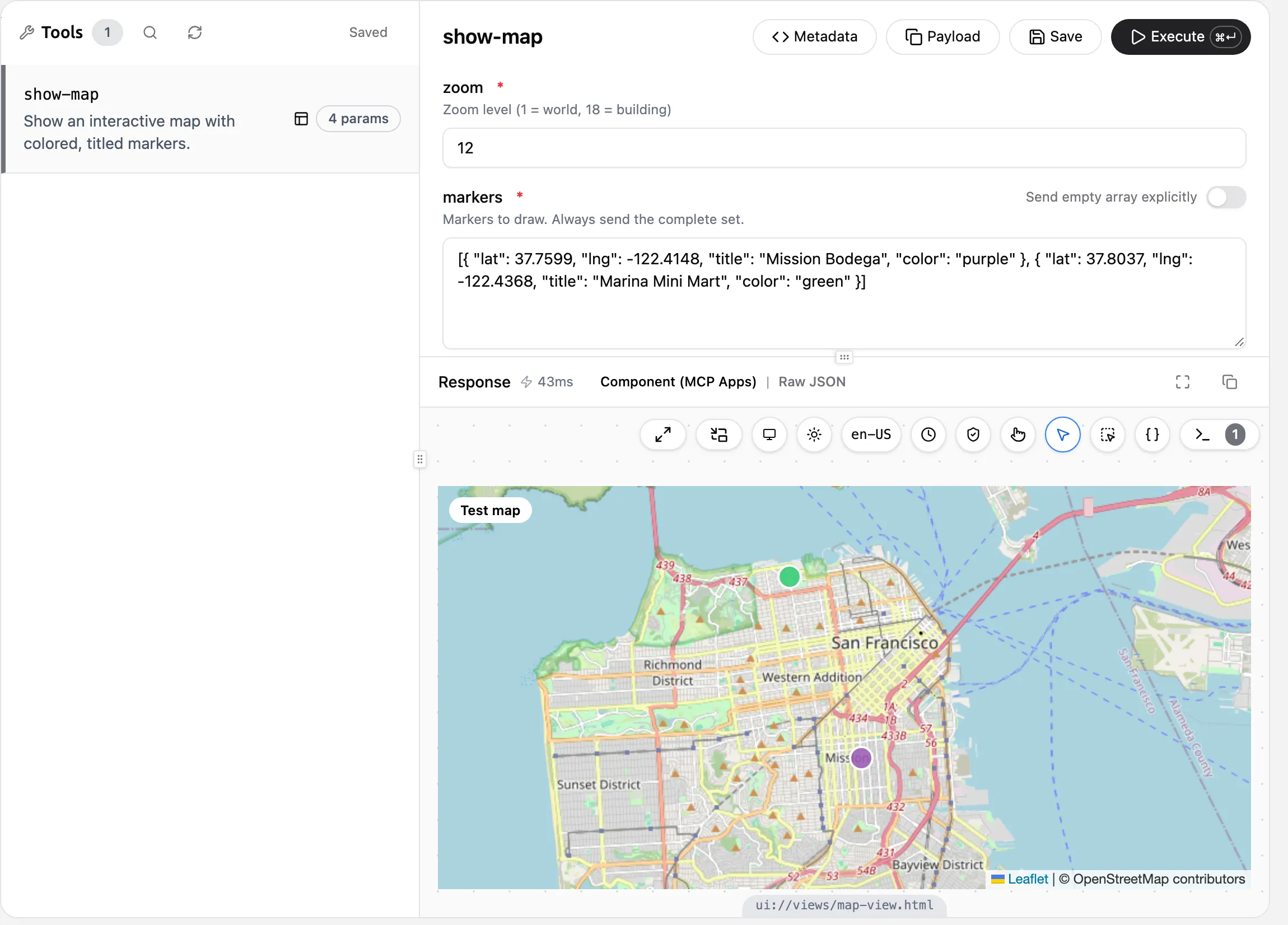 The mcp-use Inspector with the show-map tool selected, its title, center, zoom, and markers fields filled in, and the rendered map view below the response.