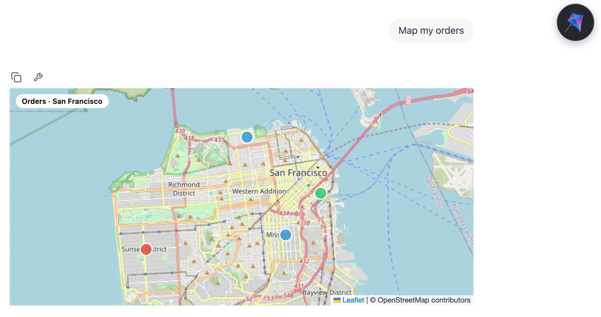 The chat after asking 'Map my orders': an inline map of San Francisco titled 'Orders · San Francisco' with four colored markers.