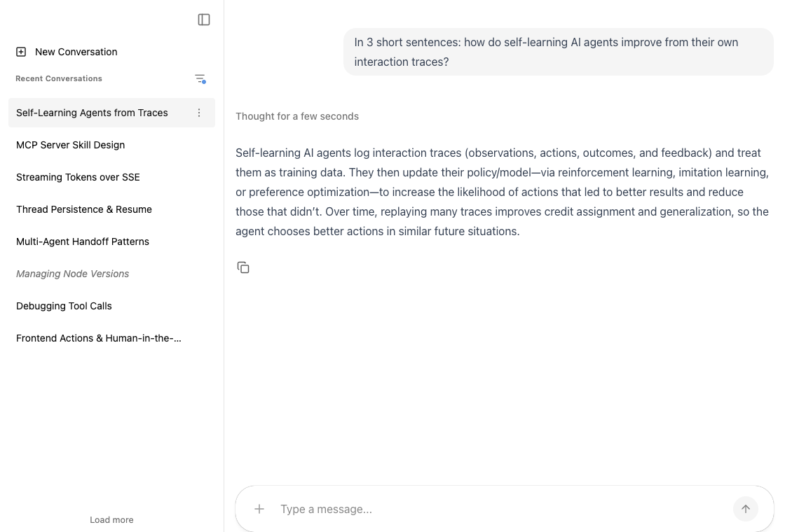 CopilotThreadsDrawer listing conversations next to an active CopilotChat conversation